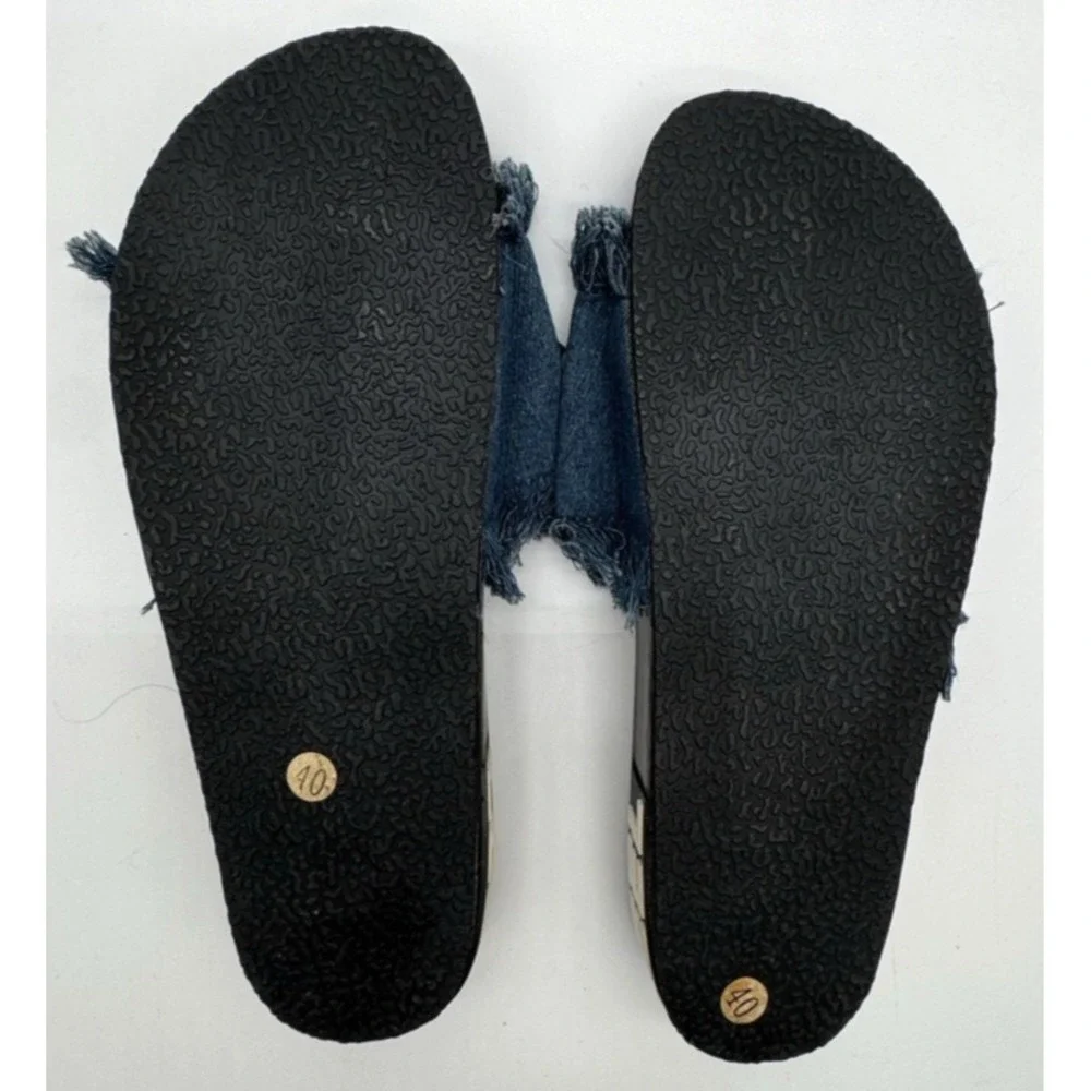 Evil Eye Crystals Rhinestones Beads Blue‎ Denim Fringe Sandals Slides Sz 9